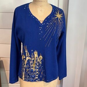 Vintage Berek Sweater Christmas Three King embellished XL Royal Blue Top